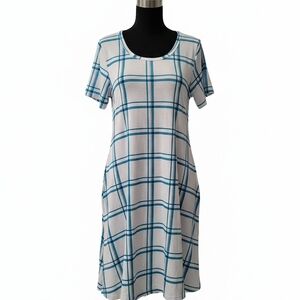 LuLaRoe White and Teal Plaid Short Sleeve Midi Dress